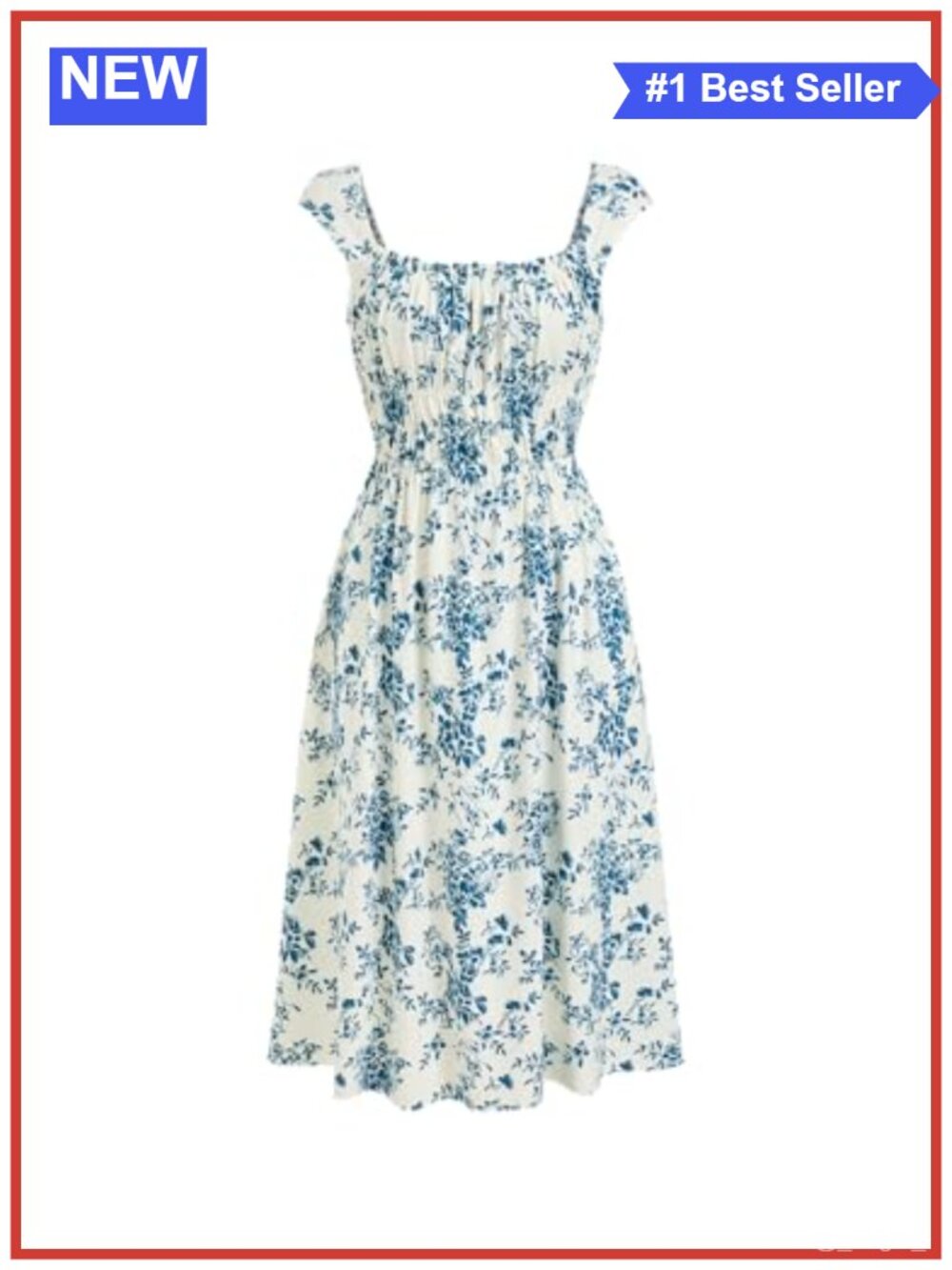 Women's Floral Midi Dress Square Neck Short Sleeve Smocked Casual with Pockets